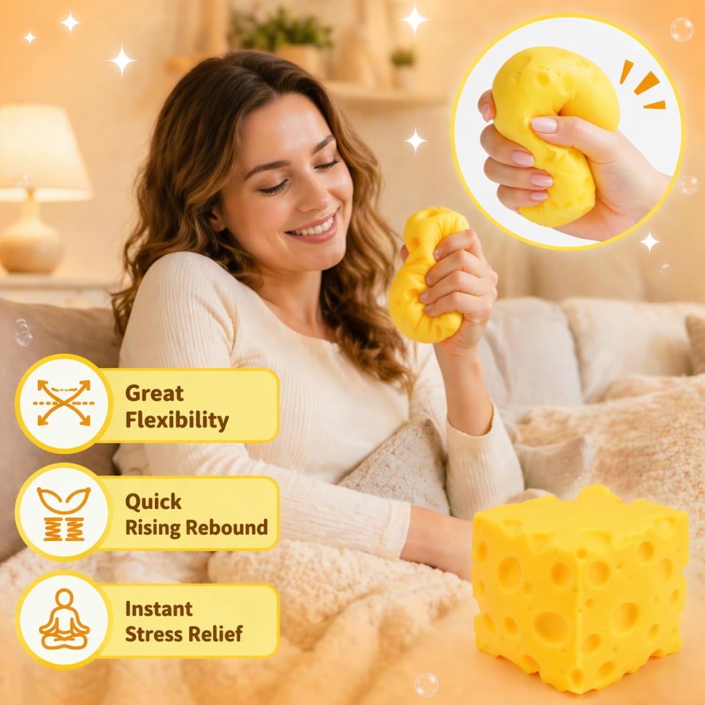 Cheese Squishy Slow Rising, Squishy Cheese Block Fidget Toys for Adults Teens, Fake Food Squishys Sensory Toys Gift for Stress Relief Anxiety Relief Party Favor Office Home School Relaxation, 2pc