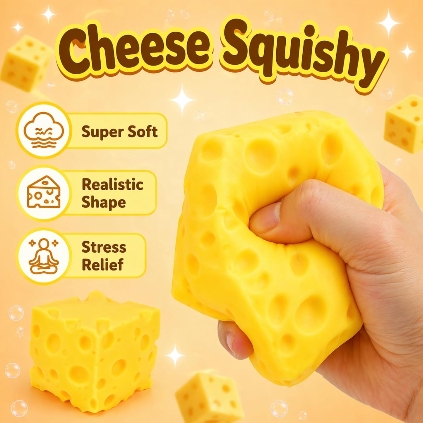 Cheese Squishy Slow Rising, Squishy Cheese Block Fidget Toys for Adults Teens, Fake Food Squishys Sensory Toys Gift for Stress Relief Anxiety Relief Party Favor Office Home School Relaxation, 2pc