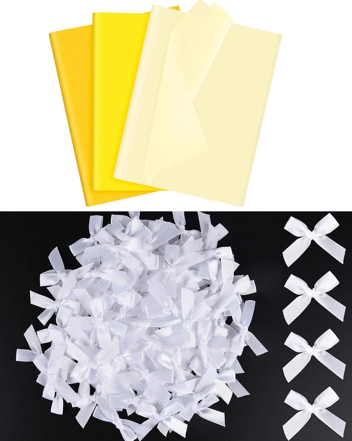 60 Sheets Assorted Yellow Tissue Paper Bundles 100 Pcs Mini White Bows for Gift Wrapping Fall Thanksgiving Holiday Decoration
