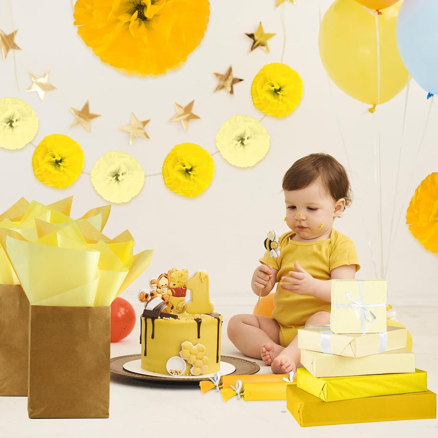 60 Sheets Assorted Yellow Tissue Paper Bundles 100 Pcs Mini White Bows for Gift Wrapping Fall Thanksgiving Holiday Decoration