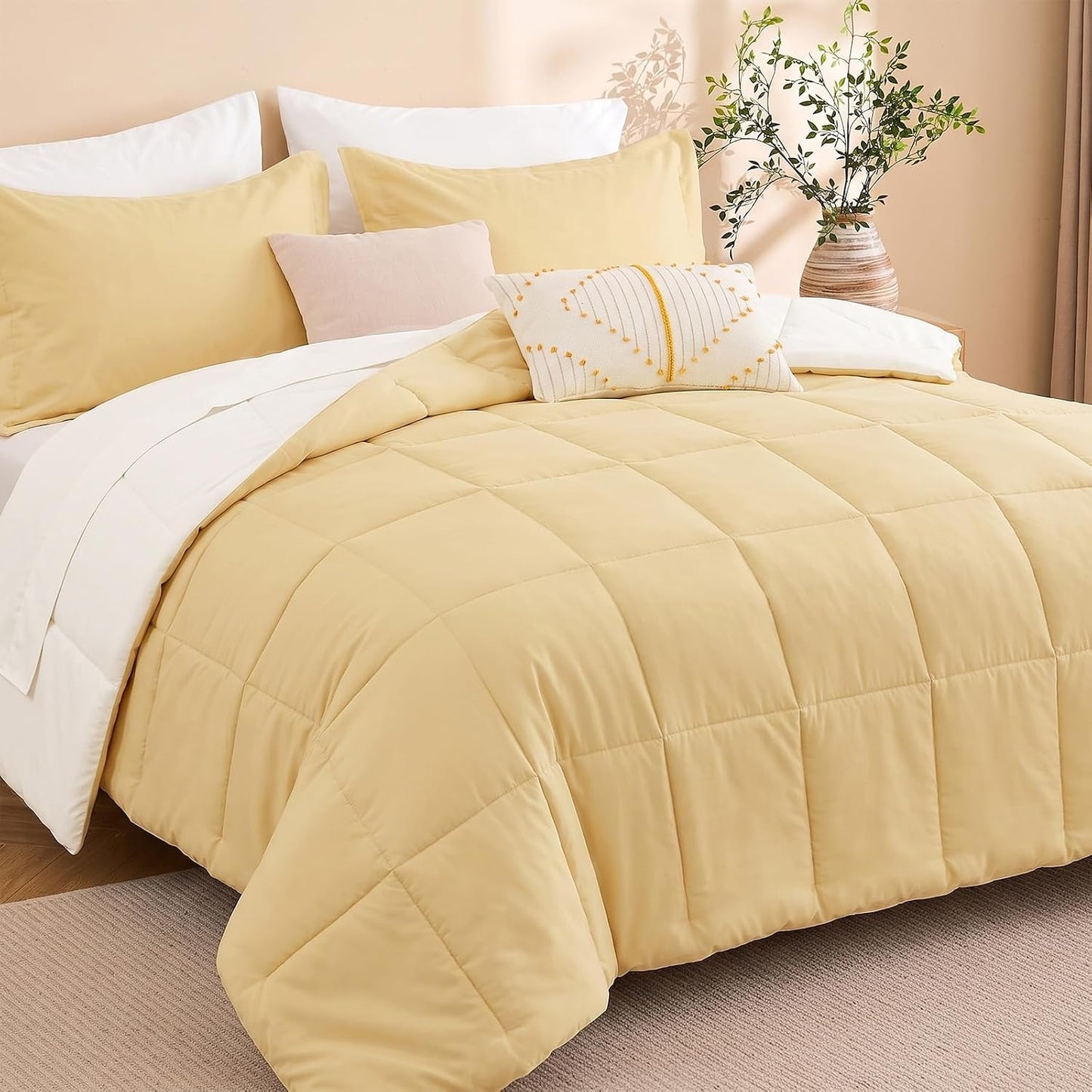 7 Pieces Full Size Comforter Set, Reversible Bed in a Bag Full, All Season Bedding Set with Comforter, Flat & Fitted Sheets, Pillowcases & Shams, Light Yellow & Ivory