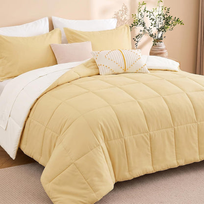 7 Pieces Full Size Comforter Set, Reversible Bed in a Bag Full, All Season Bedding Set with Comforter, Flat & Fitted Sheets, Pillowcases & Shams, Light Yellow & Ivory