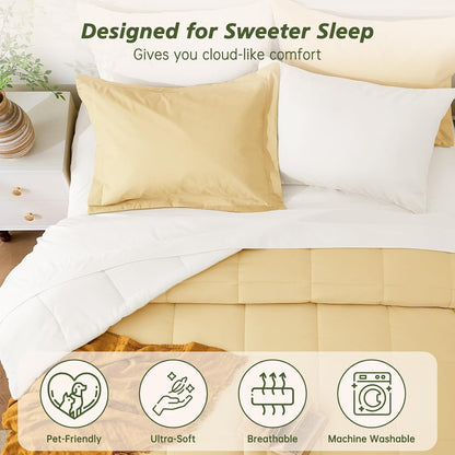 7 Pieces Full Size Comforter Set, Reversible Bed in a Bag Full, All Season Bedding Set with Comforter, Flat & Fitted Sheets, Pillowcases & Shams, Light Yellow & Ivory