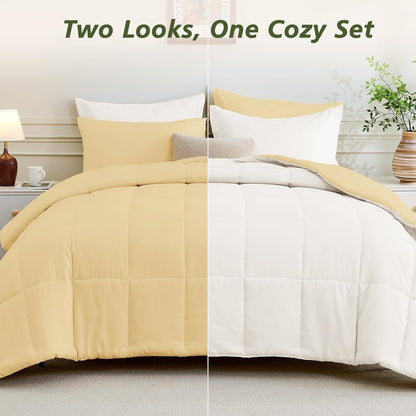 7 Pieces Full Size Comforter Set, Reversible Bed in a Bag Full, All Season Bedding Set with Comforter, Flat & Fitted Sheets, Pillowcases & Shams, Light Yellow & Ivory