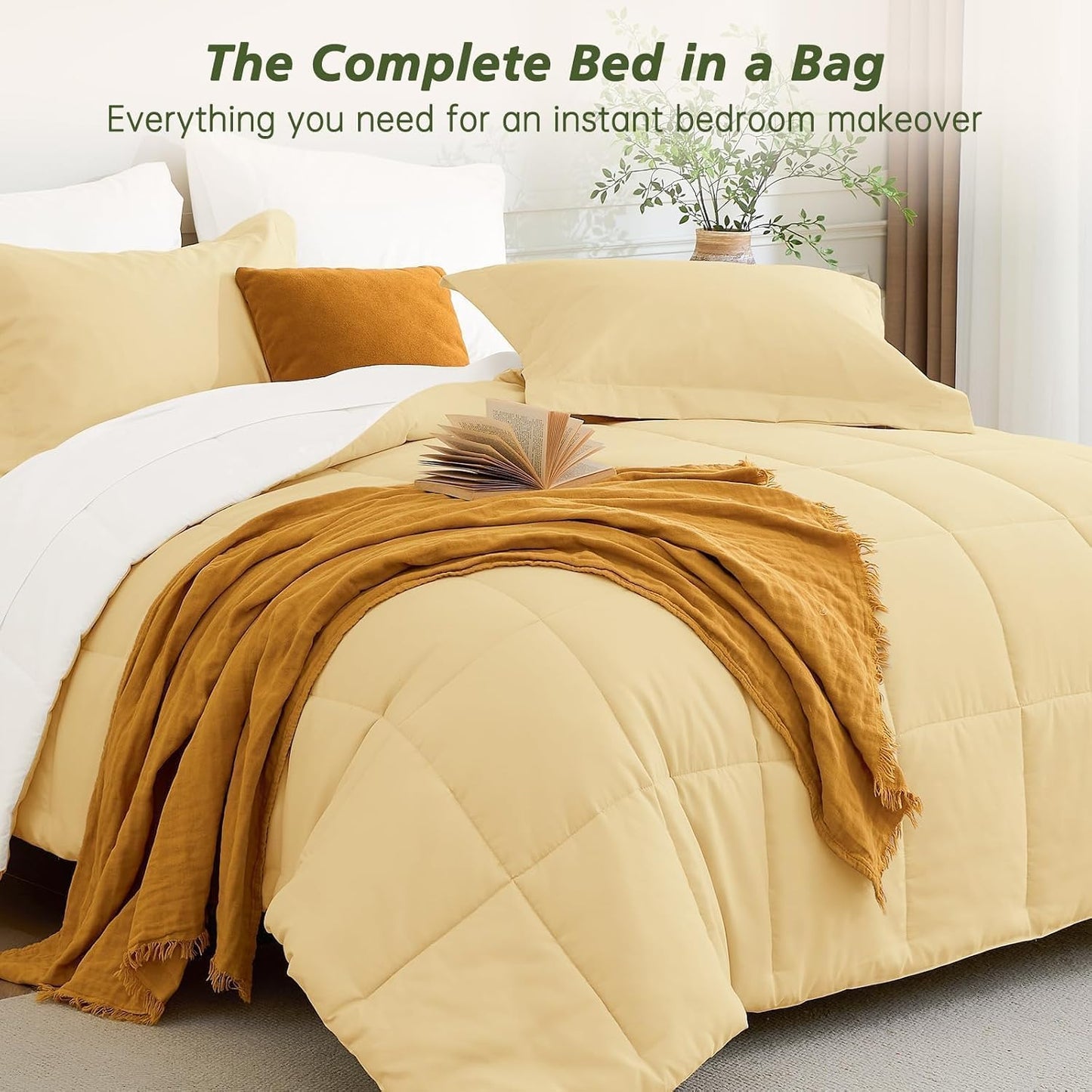 7 Pieces Full Size Comforter Set, Reversible Bed in a Bag Full, All Season Bedding Set with Comforter, Flat & Fitted Sheets, Pillowcases & Shams, Light Yellow & Ivory