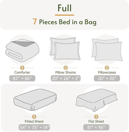 7 Pieces Full Size Comforter Set, Reversible Bed in a Bag Full, All Season Bedding Set with Comforter, Flat & Fitted Sheets, Pillowcases & Shams, Light Yellow & Ivory