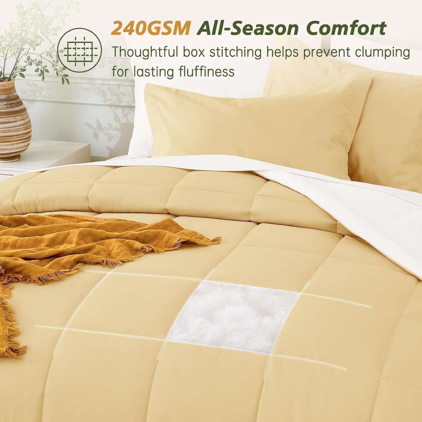 7 Pieces Full Size Comforter Set, Reversible Bed in a Bag Full, All Season Bedding Set with Comforter, Flat & Fitted Sheets, Pillowcases & Shams, Light Yellow & Ivory