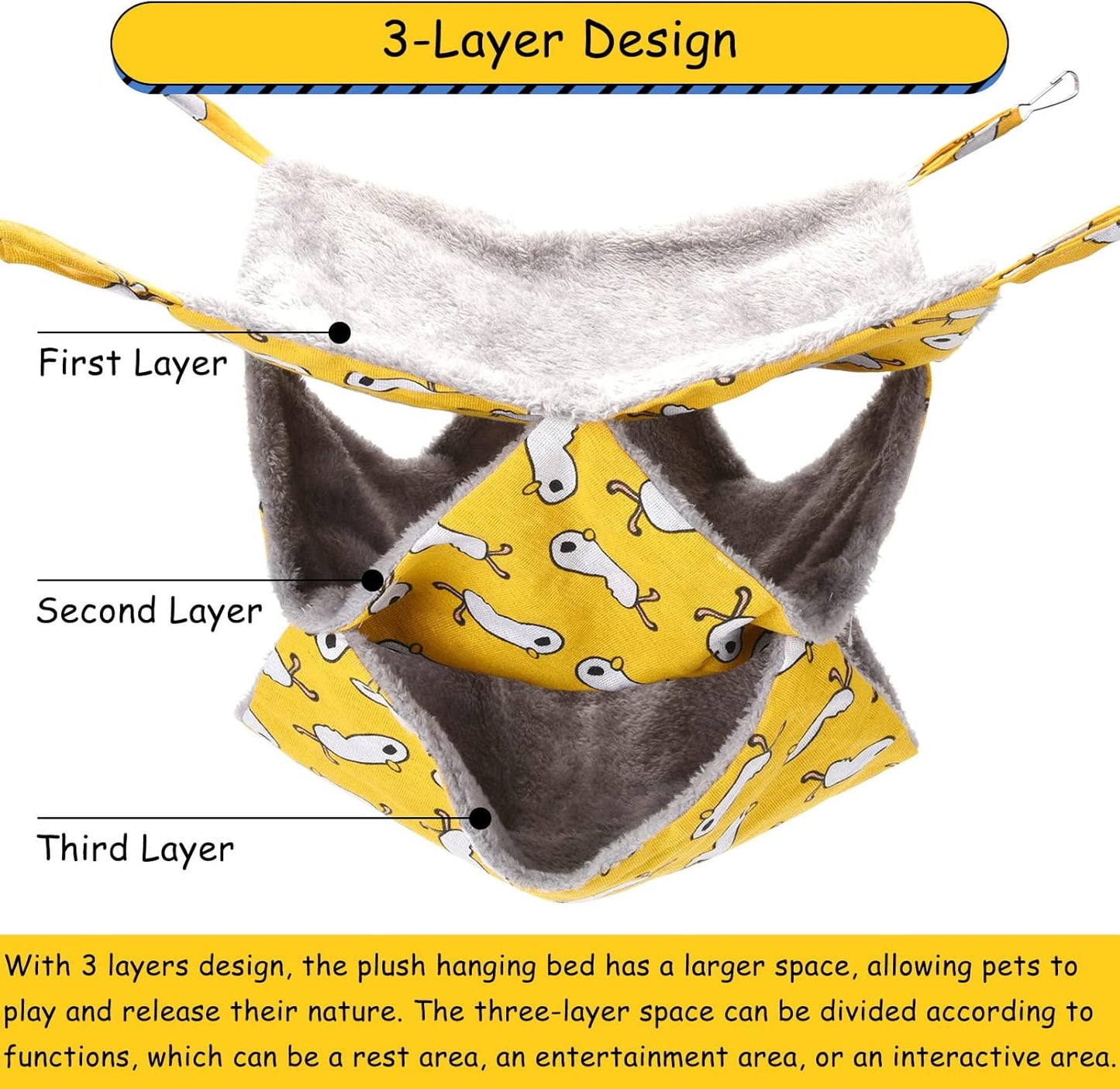 3 Tier Pet Hammocks for Cage, Ferret & Guinea Pig Accessories, 13.7x13.7 Inches, Rat Beds Hammock Hanging Bunkbed for Small Animals, Ferret, Kitten, Squirrel, Chinchilla, Parrot (Yellow)
