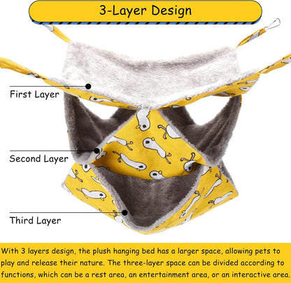 3 Tier Pet Hammocks for Cage, Ferret & Guinea Pig Accessories, 13.7x13.7 Inches, Rat Beds Hammock Hanging Bunkbed for Small Animals, Ferret, Kitten, Squirrel, Chinchilla, Parrot (Yellow)
