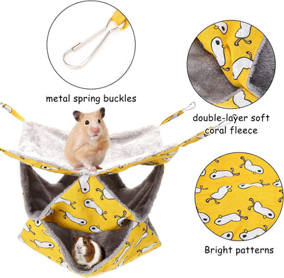3 Tier Pet Hammocks for Cage, Ferret & Guinea Pig Accessories, 13.7x13.7 Inches, Rat Beds Hammock Hanging Bunkbed for Small Animals, Ferret, Kitten, Squirrel, Chinchilla, Parrot (Yellow)