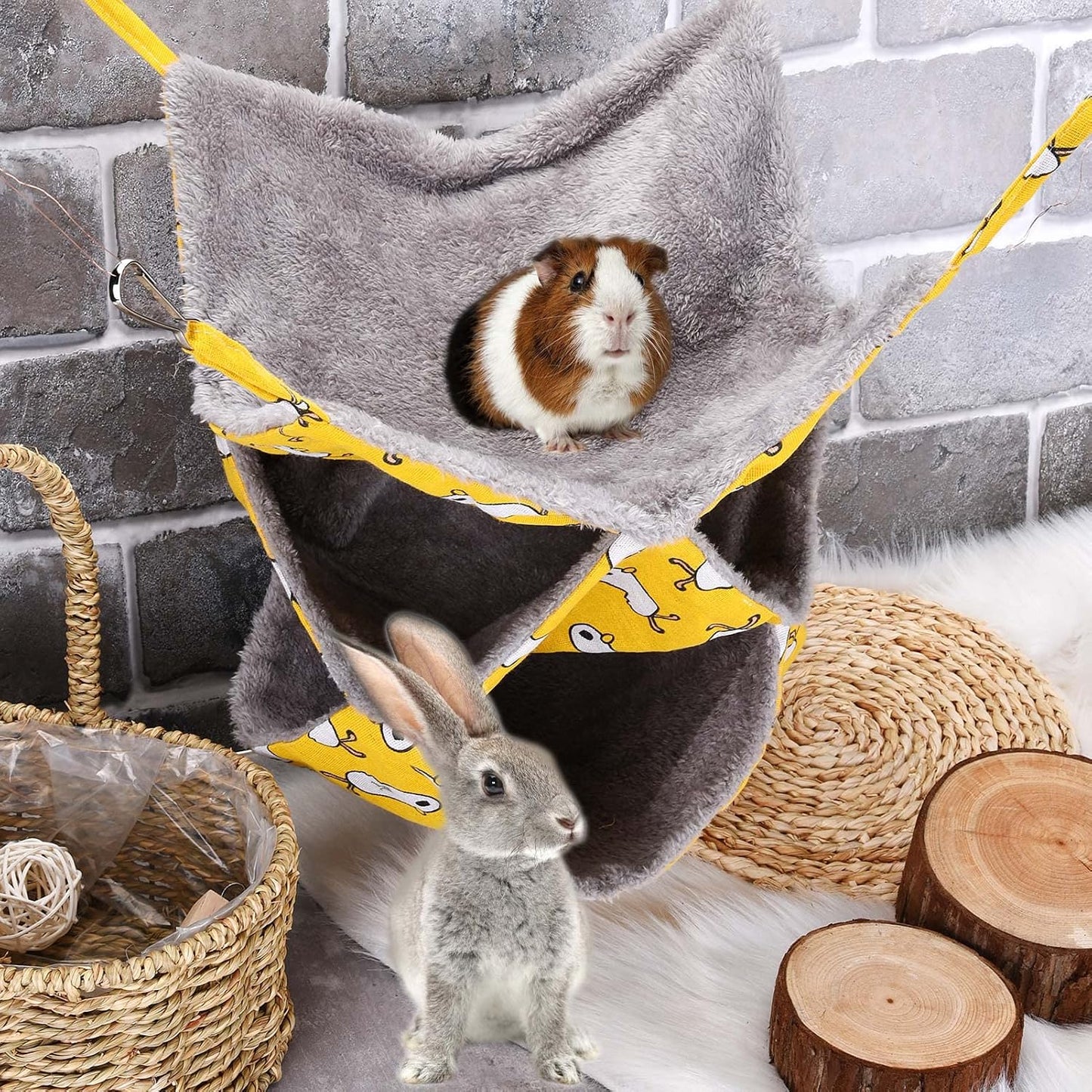 3 Tier Pet Hammocks for Cage, Ferret & Guinea Pig Accessories, 13.7x13.7 Inches, Rat Beds Hammock Hanging Bunkbed for Small Animals, Ferret, Kitten, Squirrel, Chinchilla, Parrot (Yellow)