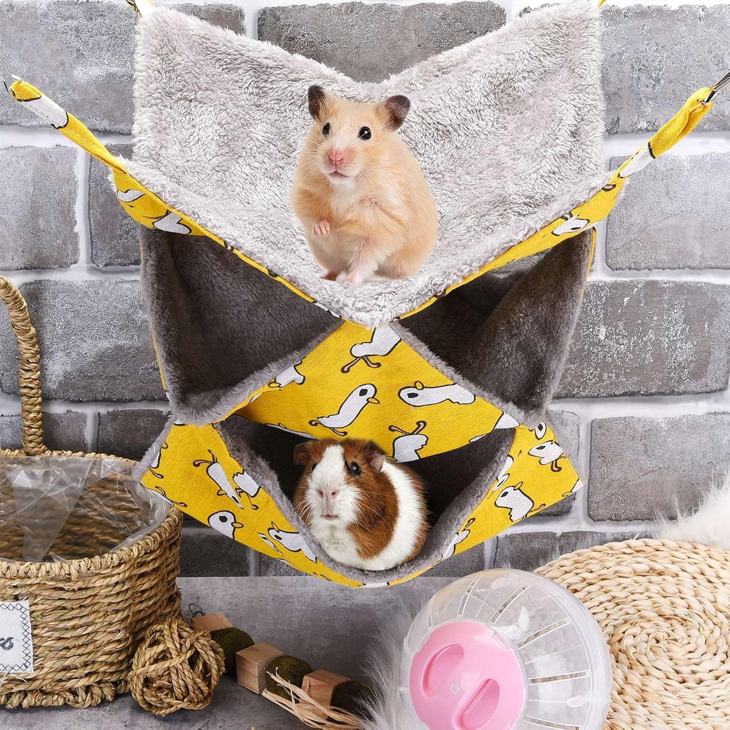 3 Tier Pet Hammocks for Cage, Ferret & Guinea Pig Accessories, 13.7x13.7 Inches, Rat Beds Hammock Hanging Bunkbed for Small Animals, Ferret, Kitten, Squirrel, Chinchilla, Parrot (Yellow)