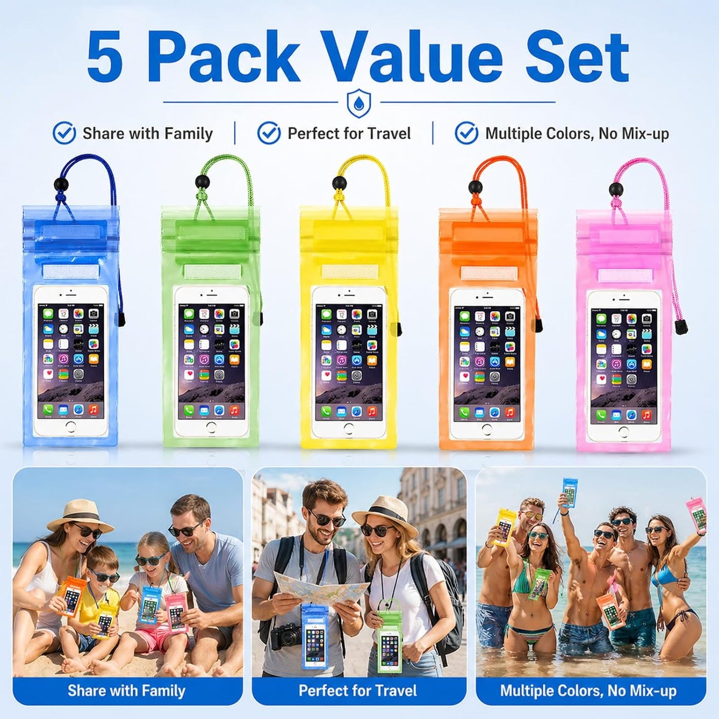 5 Pack 8.5" Multicolor Waterproof Phone Pouch, IP68 Universal Cell Phone Dry Bag Clear Case with Lanyard, Beach, Swimming, Cruise Ship Travel Essentials for iPhone 17 16 Pro Max,Samsung,and More