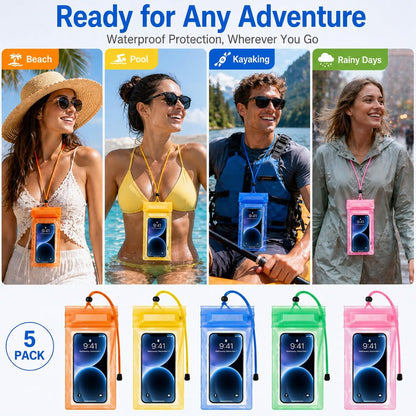 5 Pack 8.5" Multicolor Waterproof Phone Pouch, IP68 Universal Cell Phone Dry Bag Clear Case with Lanyard, Beach, Swimming, Cruise Ship Travel Essentials for iPhone 17 16 Pro Max,Samsung,and More
