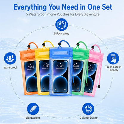 5 Pack 8.5" Multicolor Waterproof Phone Pouch, IP68 Universal Cell Phone Dry Bag Clear Case with Lanyard, Beach, Swimming, Cruise Ship Travel Essentials for iPhone 17 16 Pro Max,Samsung,and More