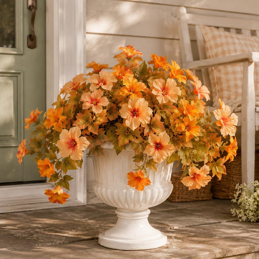 2Pcs Artificial Fall Fake Petunias Flowers Plants for Outdoor Decoration | Orange Yellow,UV Resistant, Faux Silk Flowers,No Fade, Floral for Front Porch, Patio, Balcony, Yard,Autumn Outside Decor