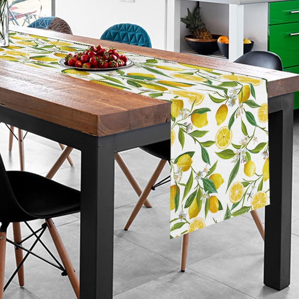Summer Lemon Table Runner, Seasonal Spring Summer Tablecloth Kitchen Dining Table Decoration for Home Party Decor 13 x 70 Inch