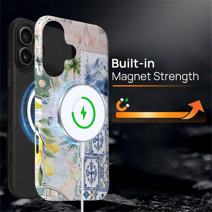 Case Compatible with iPhone 16 [Compatible with MagSafe] Hybrid 2-Layer Hard Shell Protection Case, Shockproof Protective Magnetic Cover for iPhone 16, European Lemon Summer Collage