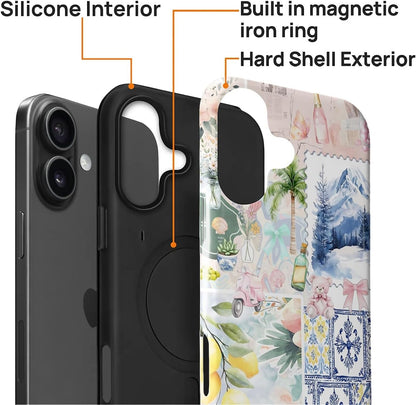 Case Compatible with iPhone 16 [Compatible with MagSafe] Hybrid 2-Layer Hard Shell Protection Case, Shockproof Protective Magnetic Cover for iPhone 16, European Lemon Summer Collage