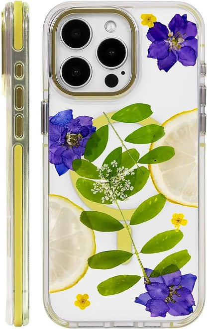 for Magnetic Clear Case for iPhone 16 Pro Max Compatible with Magsafe, Lemon Purple Flower Phone Case, Soft Silicone Shockproof Protective Cover Cases for iPhone 16 Pro Max-(Yellow)