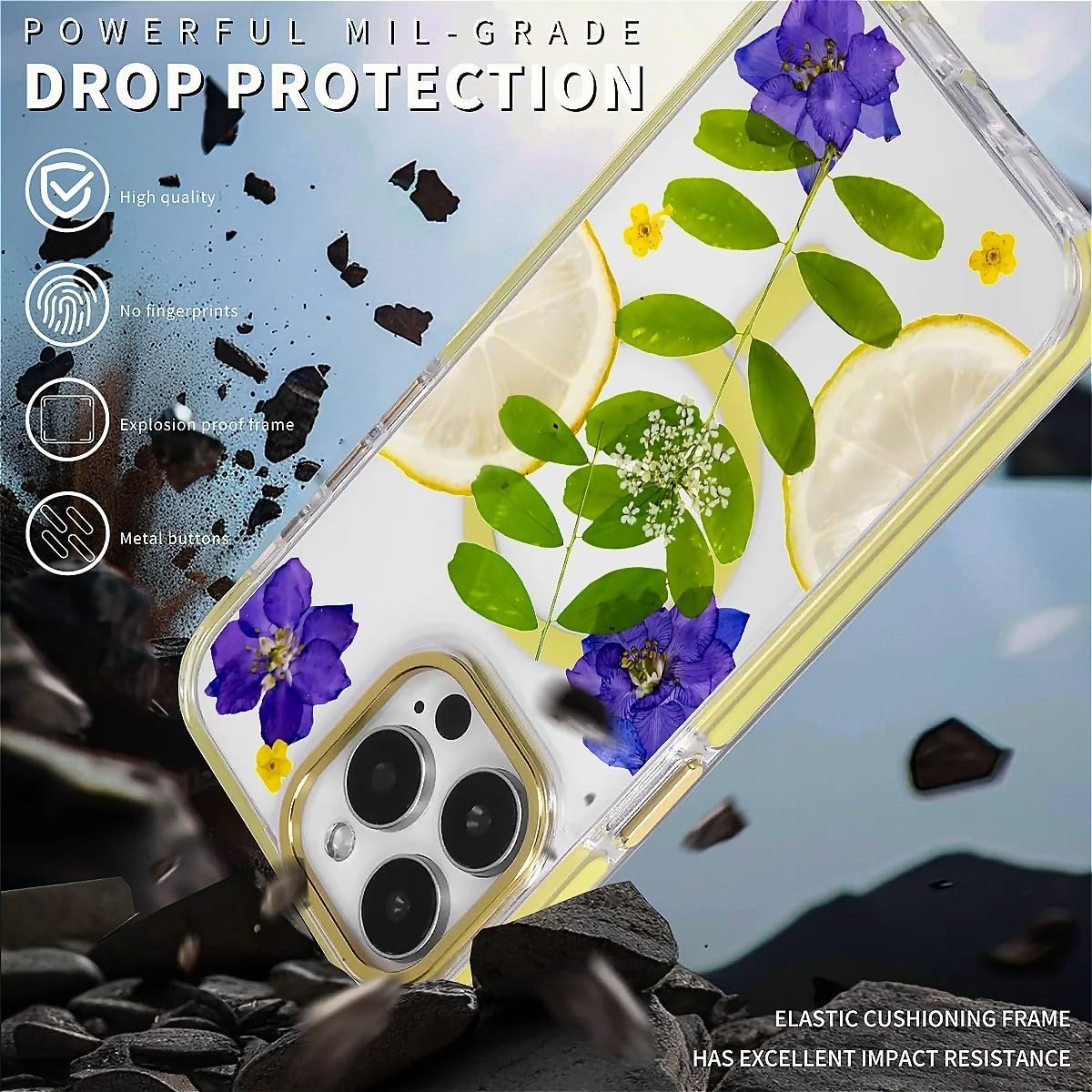 for Magnetic Clear Case for iPhone 16 Pro Max Compatible with Magsafe, Lemon Purple Flower Phone Case, Soft Silicone Shockproof Protective Cover Cases for iPhone 16 Pro Max-(Yellow)