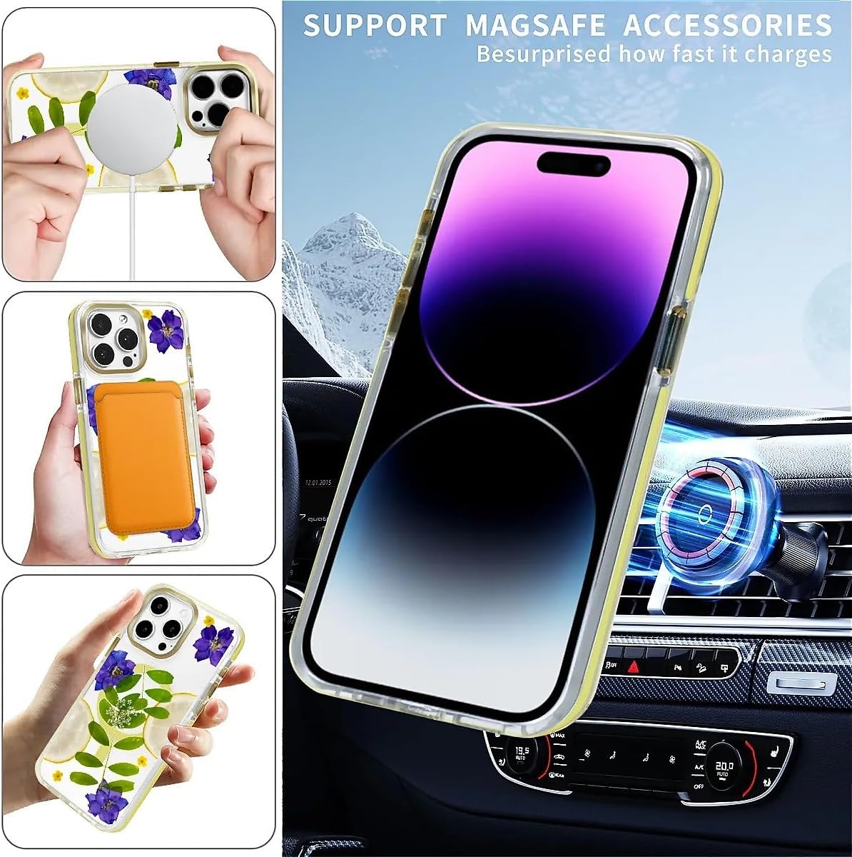 for Magnetic Clear Case for iPhone 16 Pro Max Compatible with Magsafe, Lemon Purple Flower Phone Case, Soft Silicone Shockproof Protective Cover Cases for iPhone 16 Pro Max-(Yellow)