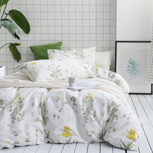 Botanical Comforter Set, 100% Cotton Fabric, Floral Flower Cottagecore Neutral Shabby Chic Coquette Aesthetic, 3 Pieces Bedding Set, Yellow Green, Queen Size