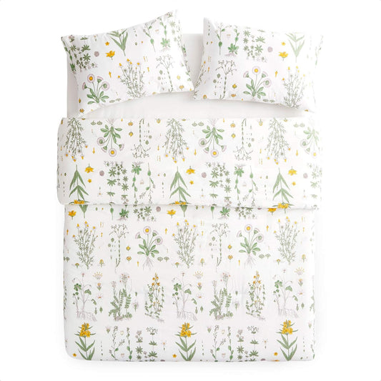Botanical Comforter Set, 100% Cotton Fabric, Floral Flower Cottagecore Neutral Shabby Chic Coquette Aesthetic, 3 Pieces Bedding Set, Yellow Green, Queen Size