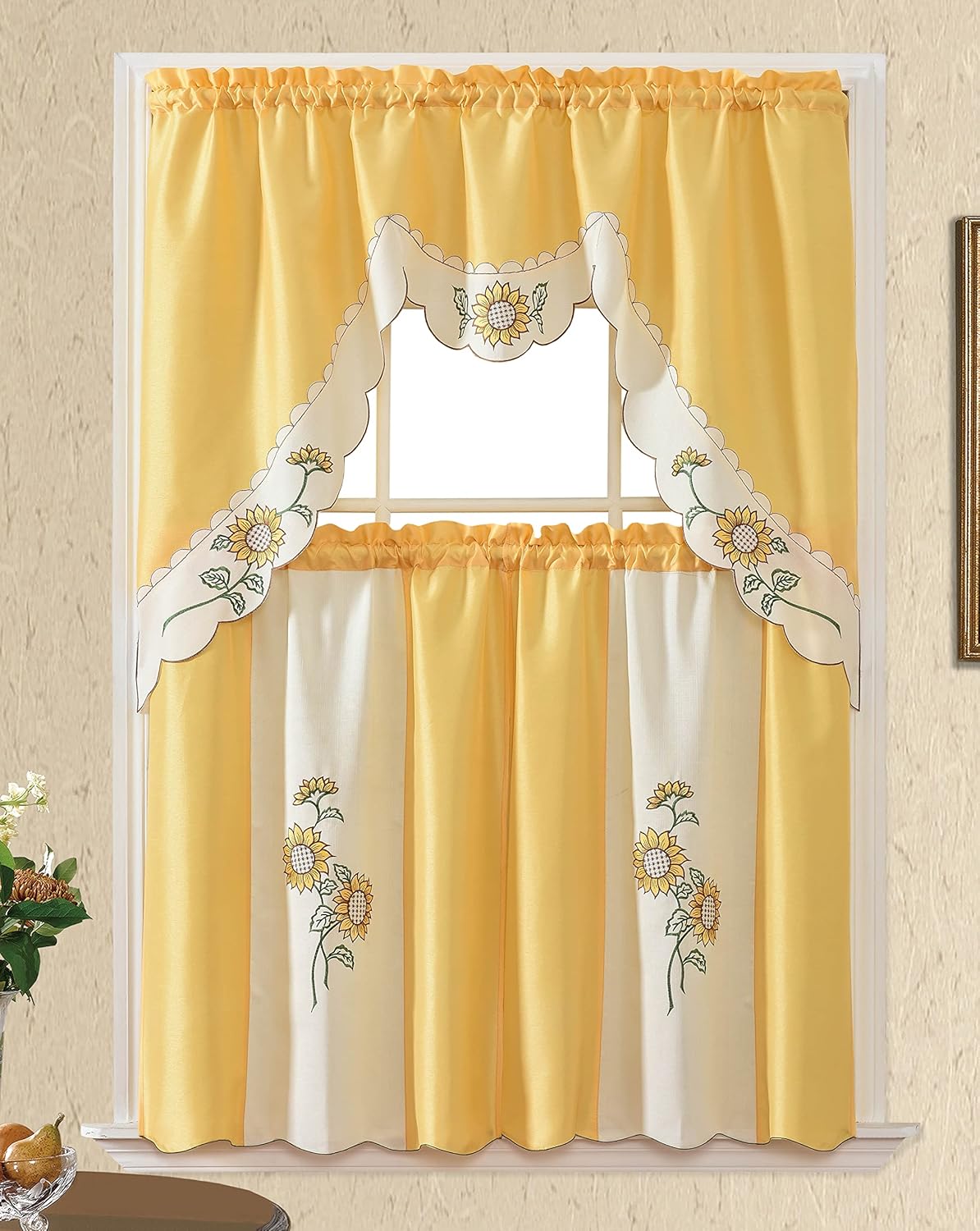 GOHD Very Sunflower. 3PCS Kitchen Cafe Curtain Set Swag Valance and Tier Set. Nice Matching Color Sunflower Embroidery. (Yellow)