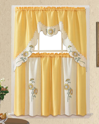 GOHD Very Sunflower. 3PCS Kitchen Cafe Curtain Set Swag Valance and Tier Set. Nice Matching Color Sunflower Embroidery. (Yellow)