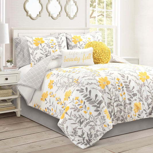 Aprile Soft Reversible Floral Comforter Set, 8 Piece Set, King, Yellow & Gray - Floral Bedding Set - King Sized Comforter - Yellow Bedding - Spring Home Decor - Cottage - Farmhouse