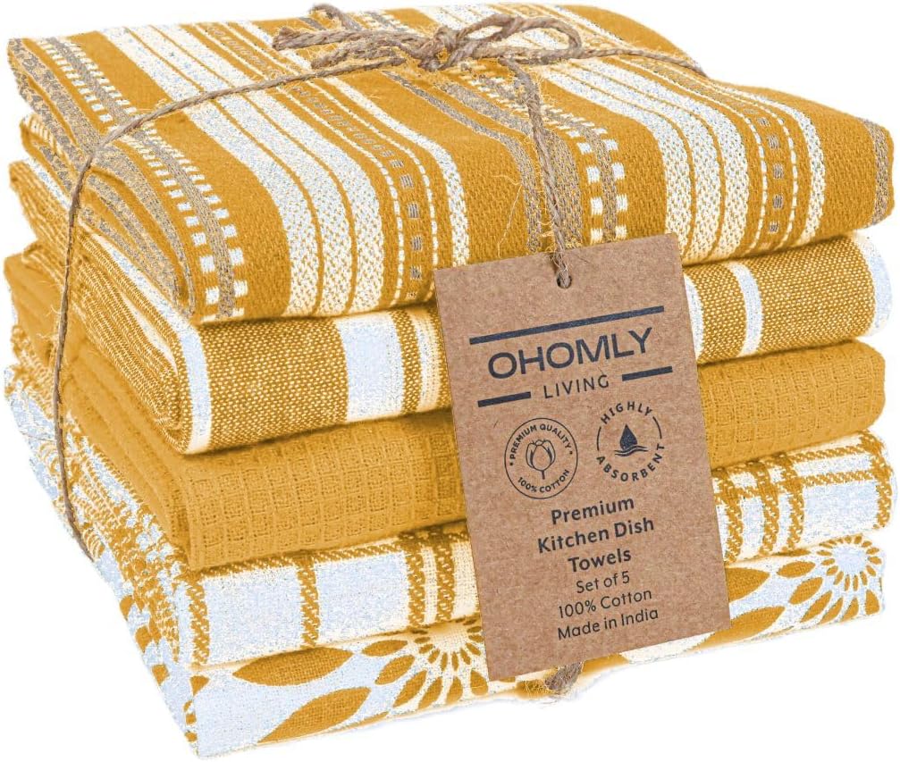 Assorted Kitchen Towels Set of 5-100% Cotton Dish Cloths Towels with Hanging Loop - Soft, Absorbent & Washable for Kitchen Use - Quick Drying Dish Towels 16x26 Inch Mustard Yellow