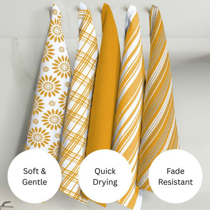 Assorted Kitchen Towels Set of 5-100% Cotton Dish Cloths Towels with Hanging Loop - Soft, Absorbent & Washable for Kitchen Use - Quick Drying Dish Towels 16x26 Inch Mustard Yellow