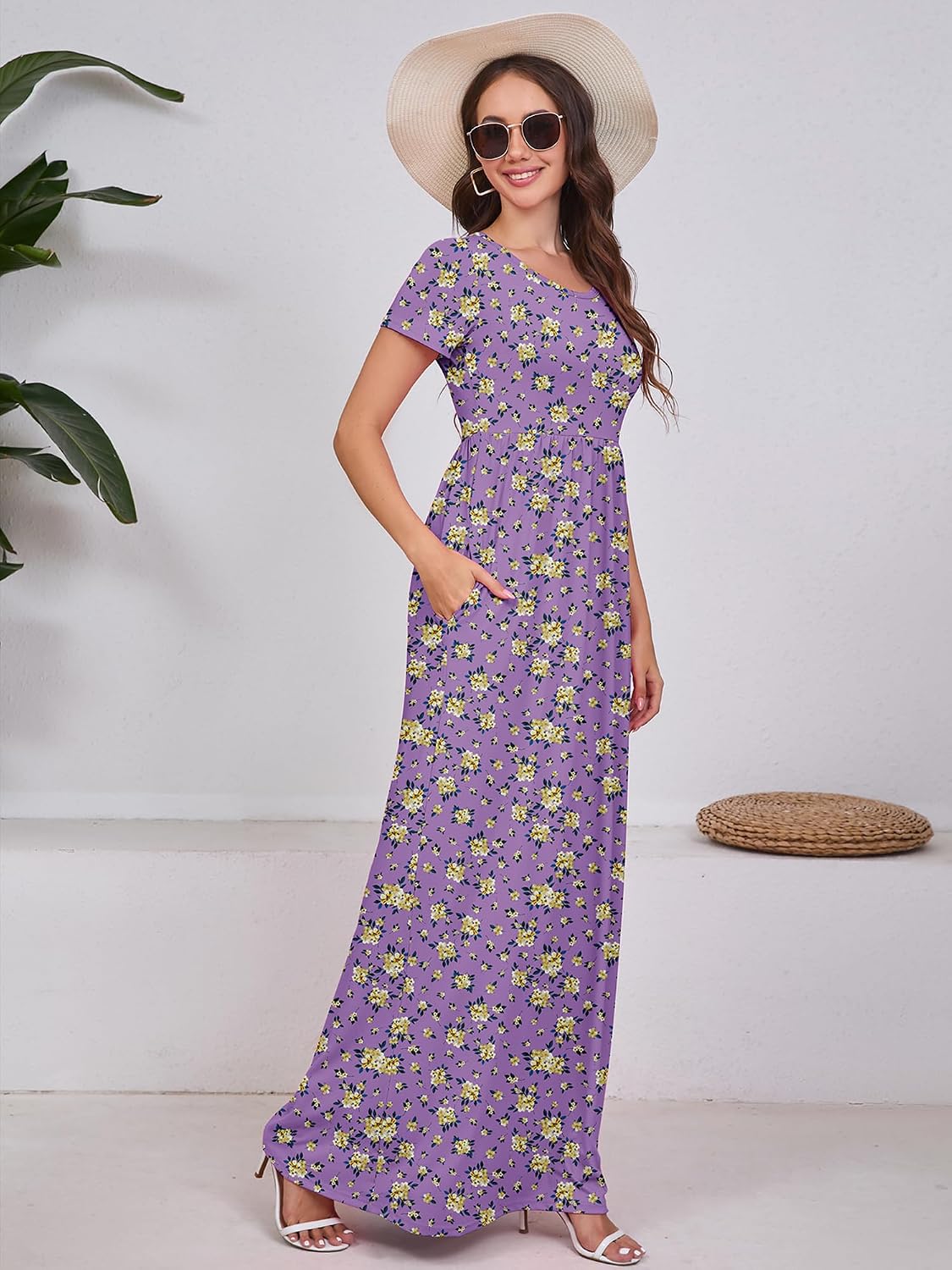 Maxi Dress for Women Short Sleeve Casual Summer Loose Plain Comfy Long Dresses with Pockets