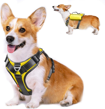 Dog Harness, No-Pull Pet Vest with Saddle Bags Backpack, Yellow | Front and Back Leash Clip, Adjustable Soft Padded, Reflective, No-Choke, Easy Control for Walking, Heavy Duty for Medium Dog