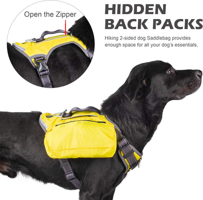 Dog Harness, No-Pull Pet Vest with Saddle Bags Backpack, Yellow | Front and Back Leash Clip, Adjustable Soft Padded, Reflective, No-Choke, Easy Control for Walking, Heavy Duty for Medium Dog