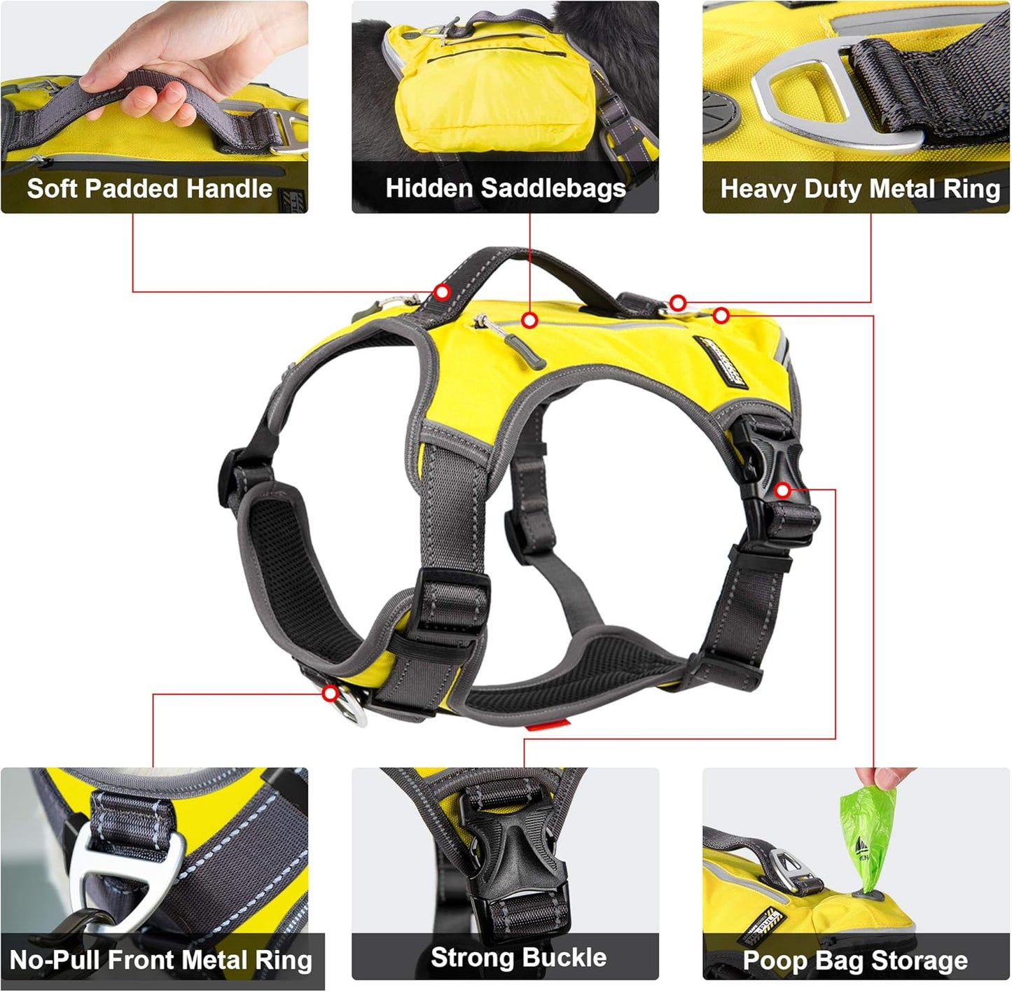 Dog Harness, No-Pull Pet Vest with Saddle Bags Backpack, Yellow | Front and Back Leash Clip, Adjustable Soft Padded, Reflective, No-Choke, Easy Control for Walking, Heavy Duty for Medium Dog