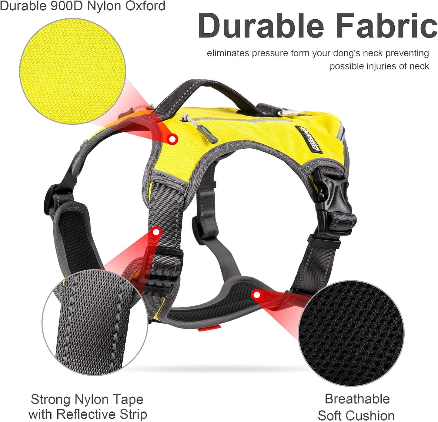 Dog Harness, No-Pull Pet Vest with Saddle Bags Backpack, Yellow | Front and Back Leash Clip, Adjustable Soft Padded, Reflective, No-Choke, Easy Control for Walking, Heavy Duty for Medium Dog