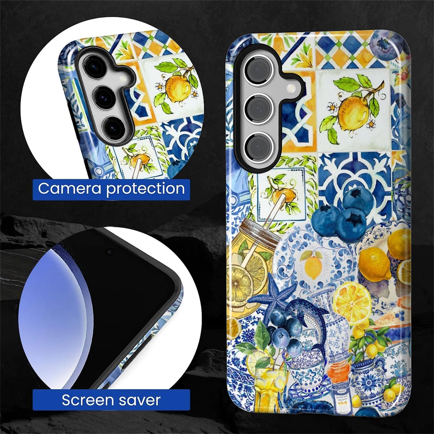 Compatible with Samsung Galaxy S25 FE Case - Dual-Layer Protection, Hard Shell with Silicone Interior,Slim Scratch Resistant Shockproof for Woman Men- Lemon Dolphin Summer Collage