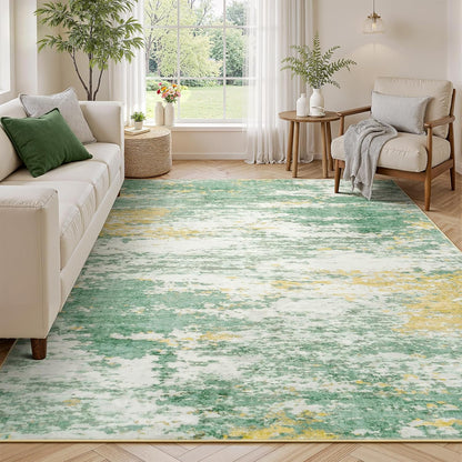 5x7 Area Rug for Living Room, Abstract Rugs with Non-Slip Backing, Neutral Modern Washable Carpet for Bedroom Dining Room Home Office Nursery Indoor, Light Green/Yellow