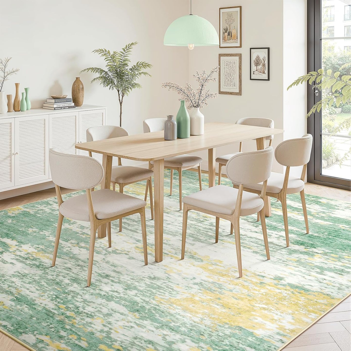 5x7 Area Rug for Living Room, Abstract Rugs with Non-Slip Backing, Neutral Modern Washable Carpet for Bedroom Dining Room Home Office Nursery Indoor, Light Green/Yellow