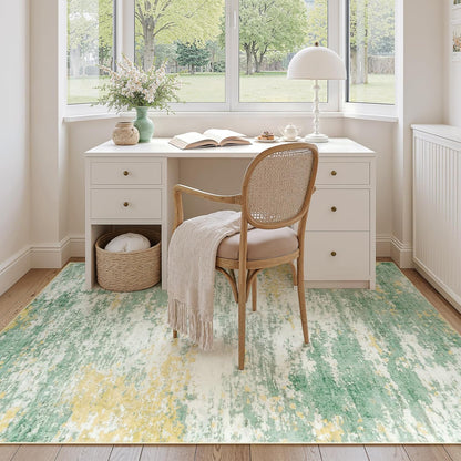 5x7 Area Rug for Living Room, Abstract Rugs with Non-Slip Backing, Neutral Modern Washable Carpet for Bedroom Dining Room Home Office Nursery Indoor, Light Green/Yellow