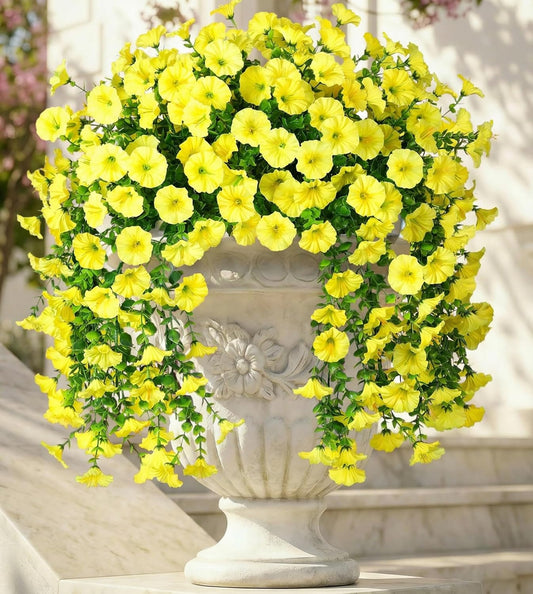 2 PCS Artificial Hanging Flowers Fake Plants Outdoor,Silk Morning Glory Faux Flowers with Eucalyptus Leaves,UV Resistant Realistic Hanging Petunias Plants for Home Garden Decor (Yellow)