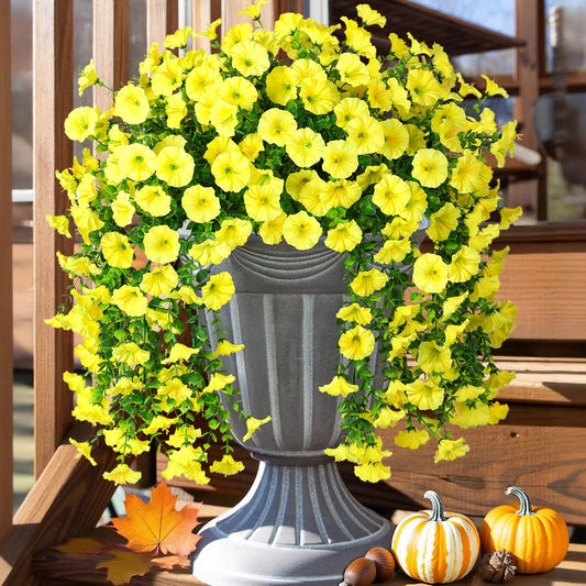 2 PCS Artificial Hanging Flowers Fake Plants Outdoor,Silk Morning Glory Faux Flowers with Eucalyptus Leaves,UV Resistant Realistic Hanging Petunias Plants for Home Garden Decor (Yellow)