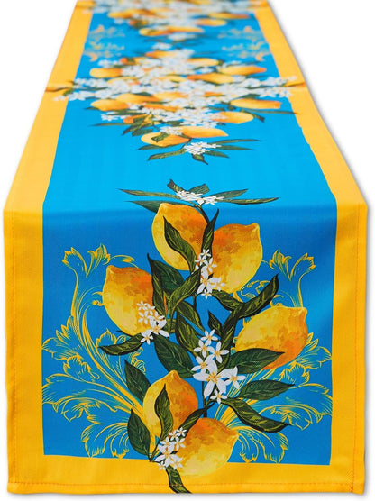 Provence Blue Lemon Mediterranean Tile Tabletop for Spring Summer Decorations, Picnics and Dinner Parties - Indoor Outdoor, Stain and Water Resistant, Table Runner, 14 x 72