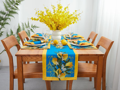 Provence Blue Lemon Mediterranean Tile Tabletop for Spring Summer Decorations, Picnics and Dinner Parties - Indoor Outdoor, Stain and Water Resistant, Table Runner, 14 x 72