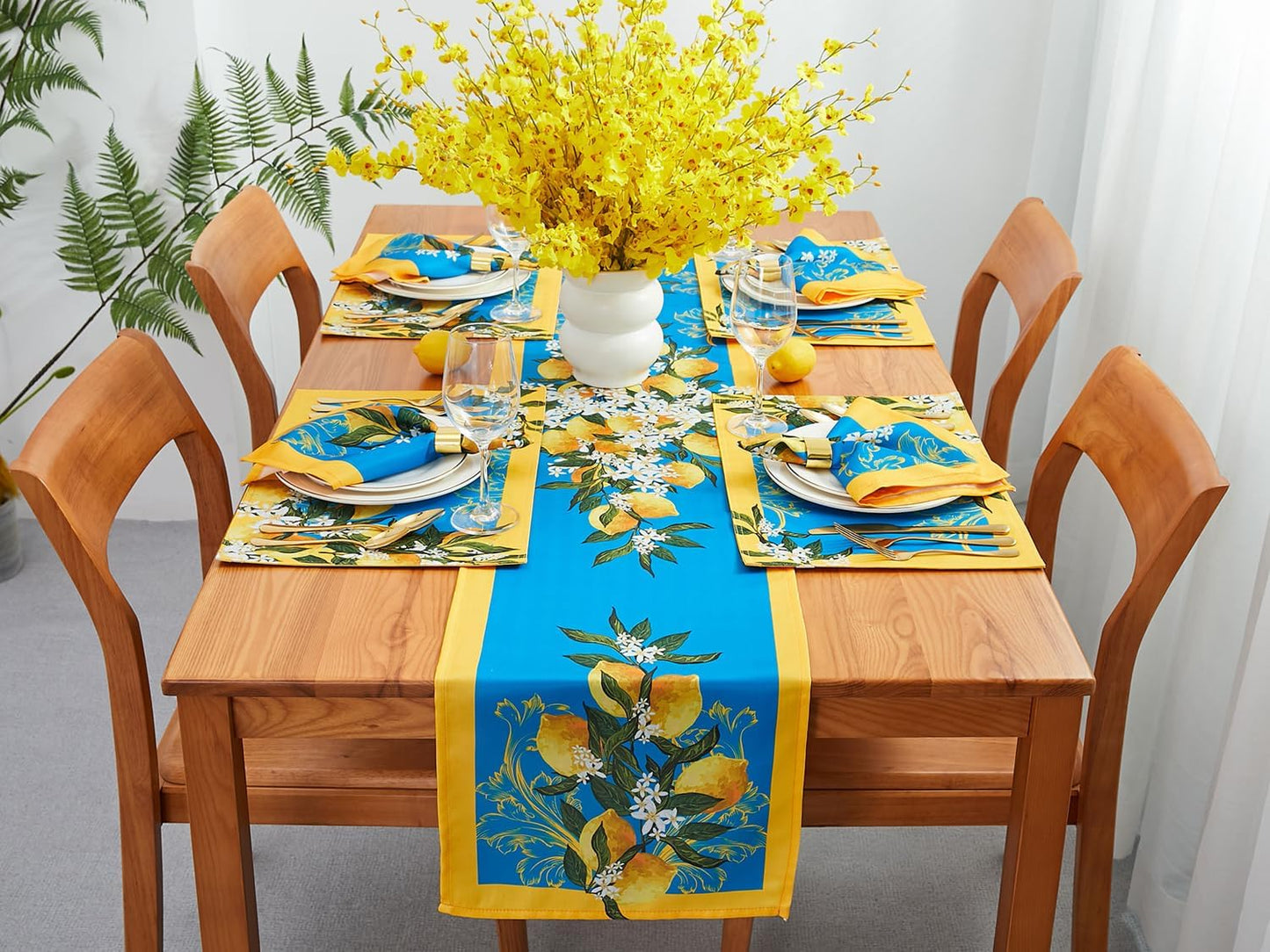 Provence Blue Lemon Mediterranean Tile Tabletop for Spring Summer Decorations, Picnics and Dinner Parties - Indoor Outdoor, Stain and Water Resistant, Table Runner, 14 x 72