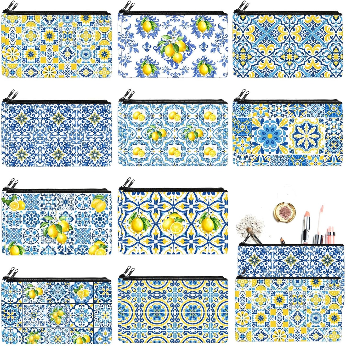 20 Pcs Makeup Bags Gifts for Women Canvas Cosmetic Bags with Zipper Bulk Gift for Women Travel Purse Organizer Pouch Accessory, Toiletry Large Capacity, 7 x 4.3 Inch(Chinoiserie Lemon)