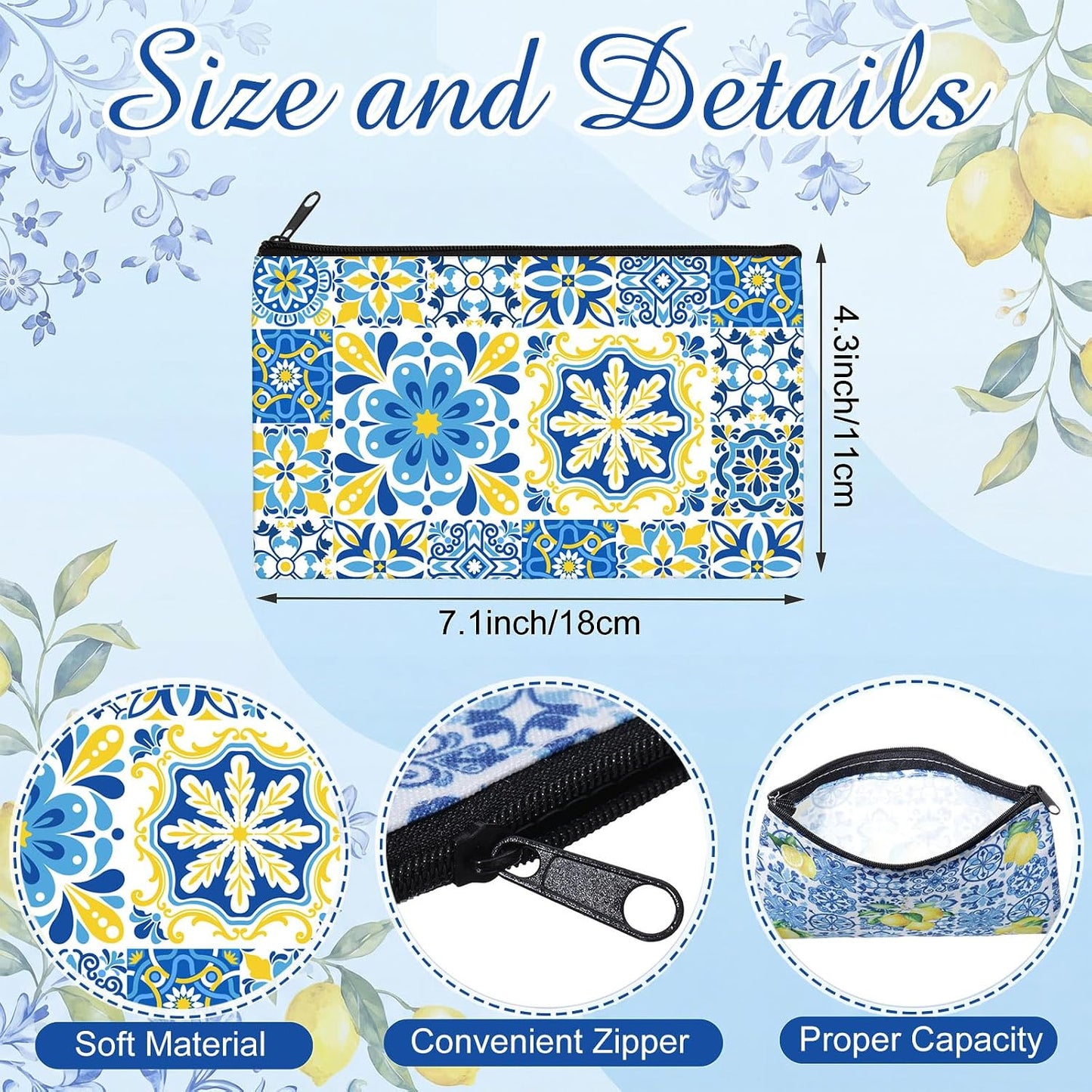 20 Pcs Makeup Bags Gifts for Women Canvas Cosmetic Bags with Zipper Bulk Gift for Women Travel Purse Organizer Pouch Accessory, Toiletry Large Capacity, 7 x 4.3 Inch(Chinoiserie Lemon)