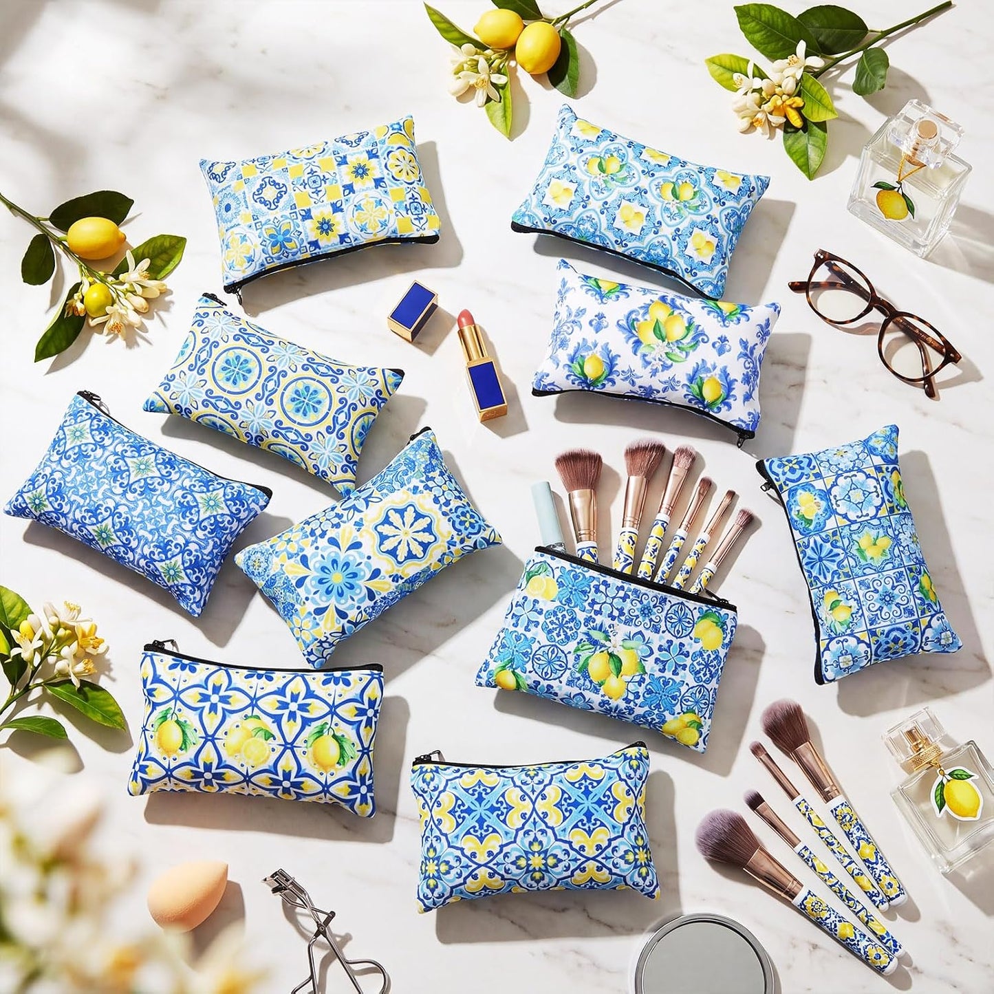 20 Pcs Makeup Bags Gifts for Women Canvas Cosmetic Bags with Zipper Bulk Gift for Women Travel Purse Organizer Pouch Accessory, Toiletry Large Capacity, 7 x 4.3 Inch(Chinoiserie Lemon)